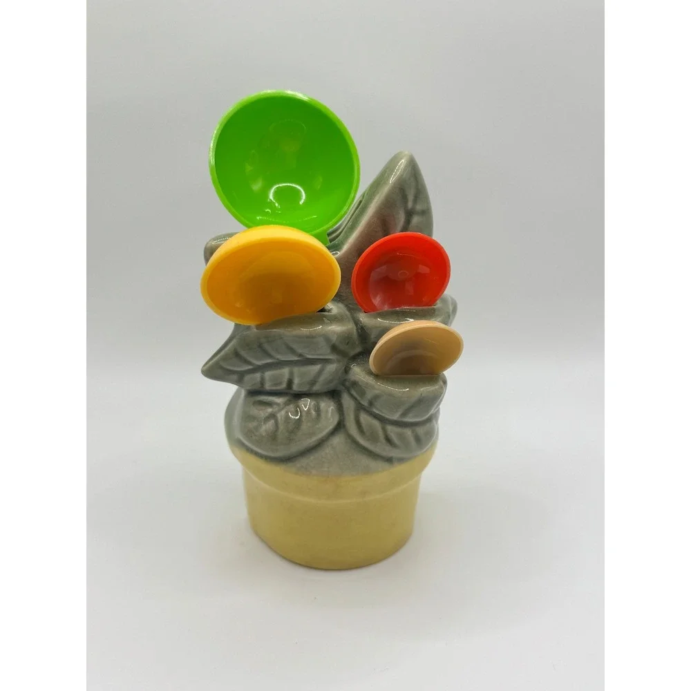 Vintage Ceramic Plant Pot Measuring Spoon Holder Set Japan Retro MCM Kitsch